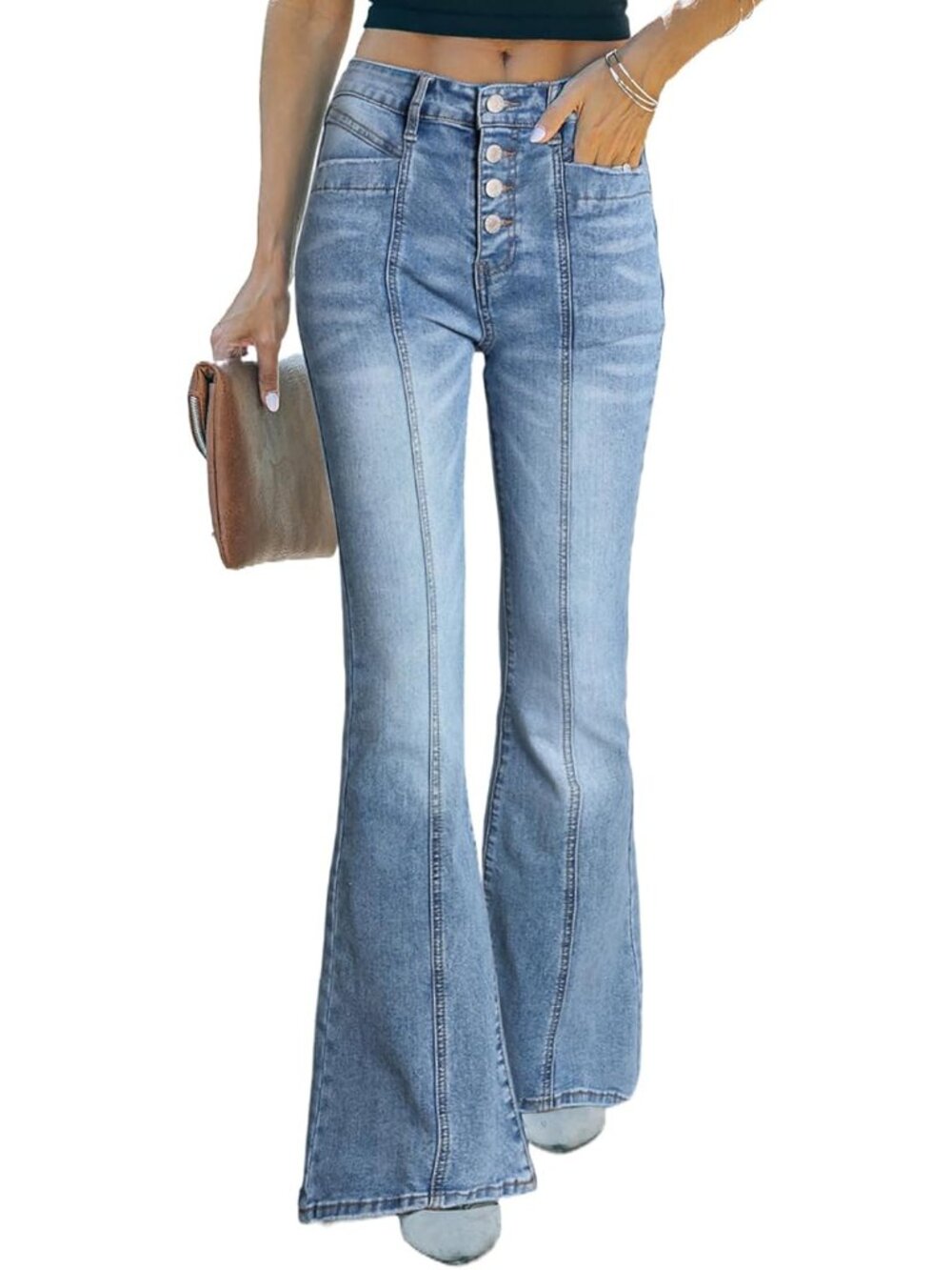 Women's High Waisted Jeans Wide Leg Button Fly Bell Bottoms Flared Zimbaplatinum - Picture 1 of 8